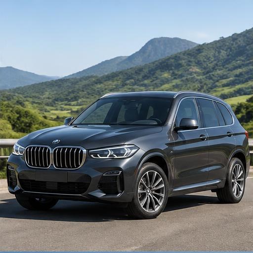 SUV na estrada, com montanhas ao fundo